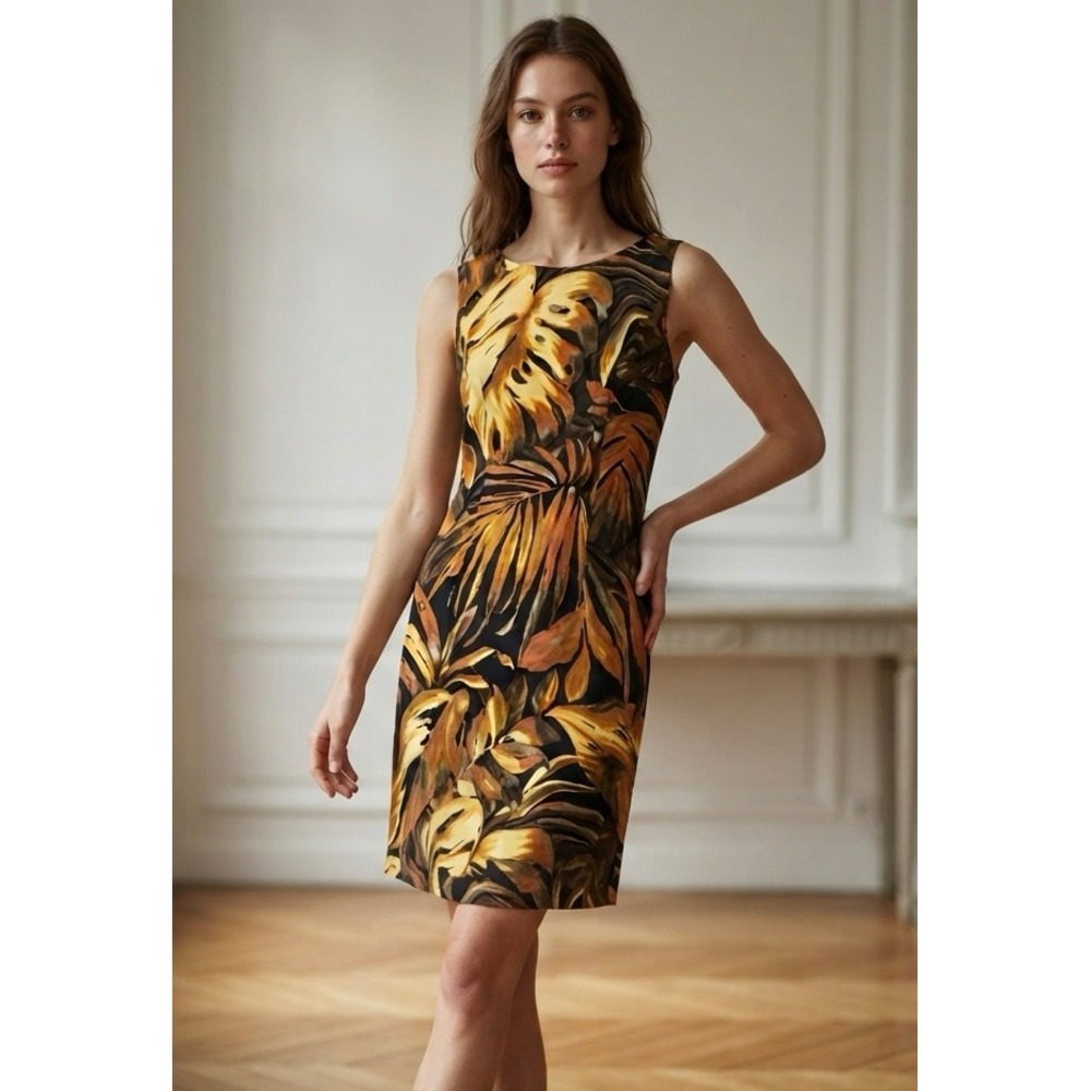 Connected Apparel 6 Sheath Dress Womens Black Gold Tropical Leaf TC893513M